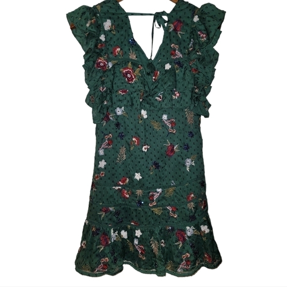 Tularosa Lindsay Emerald Green Eyelet Sequin Mini Dress XXS Embroidered Floral - Picture 7 of 9